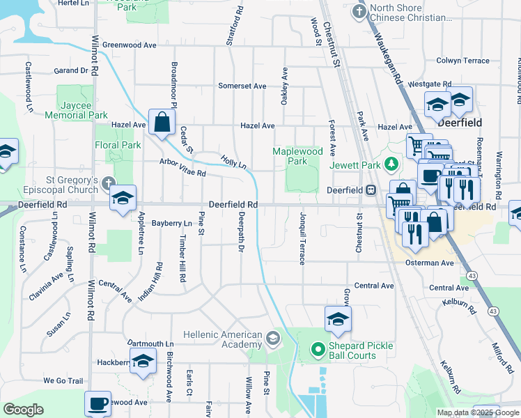 map of restaurants, bars, coffee shops, grocery stores, and more near 1155 Deerfield Road in Deerfield