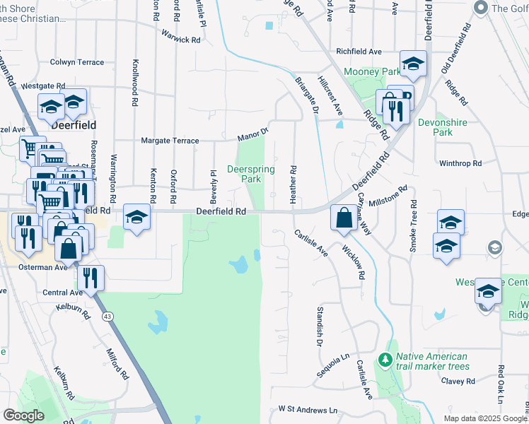 map of restaurants, bars, coffee shops, grocery stores, and more near 175 Deerfield Road in Deerfield