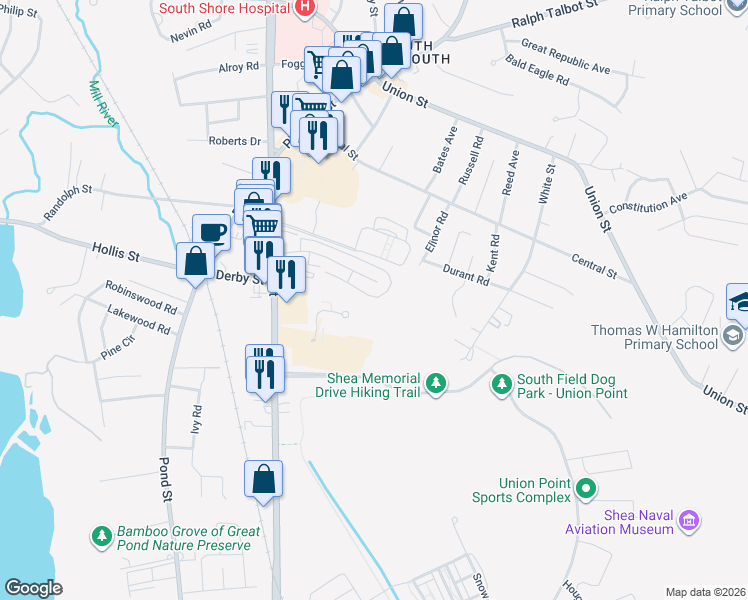 map of restaurants, bars, coffee shops, grocery stores, and more near 65 Webster Street in Weymouth