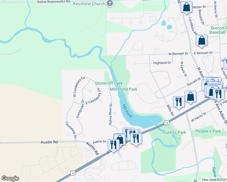 map of restaurants, bars, coffee shops, grocery stores, and more near 450 Saline River Drive in Saline