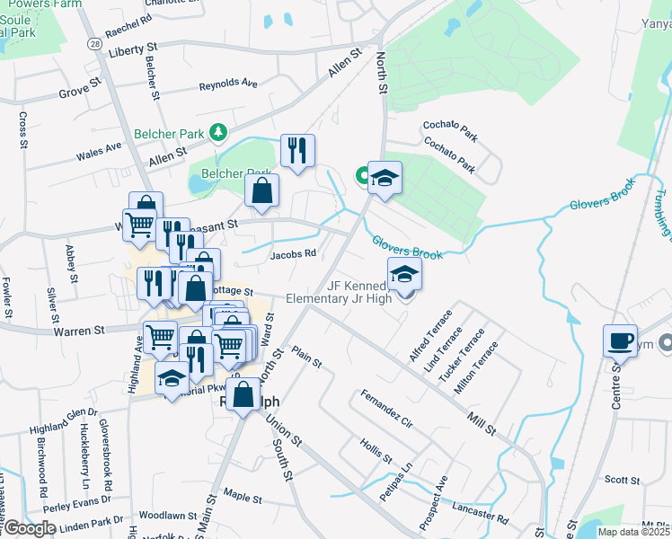 map of restaurants, bars, coffee shops, grocery stores, and more near 4 Thompson Drive in Randolph