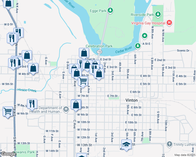 map of restaurants, bars, coffee shops, grocery stores, and more near West 4th Street in Vinton
