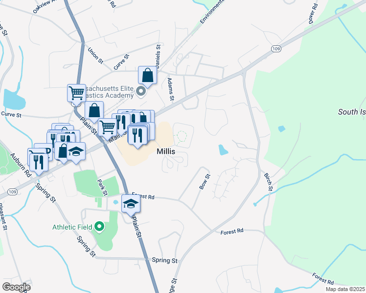 map of restaurants, bars, coffee shops, grocery stores, and more near 6 StoneyBrook Drive in Millis