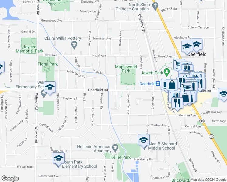 map of restaurants, bars, coffee shops, grocery stores, and more near 1175 Deerfield Road in Deerfield