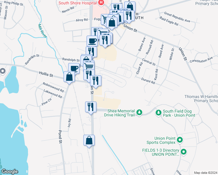 map of restaurants, bars, coffee shops, grocery stores, and more near 65 Fountain Lane in Weymouth