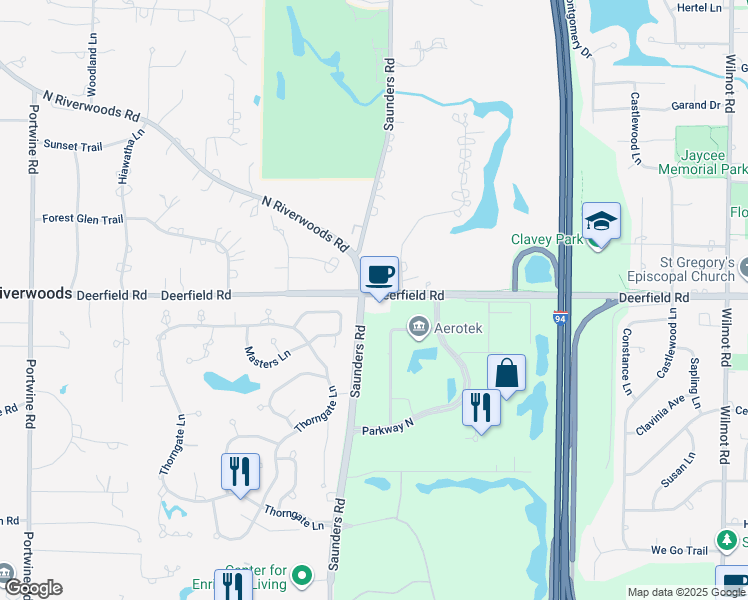 map of restaurants, bars, coffee shops, grocery stores, and more near 2146 Deerfield Road in Riverwoods