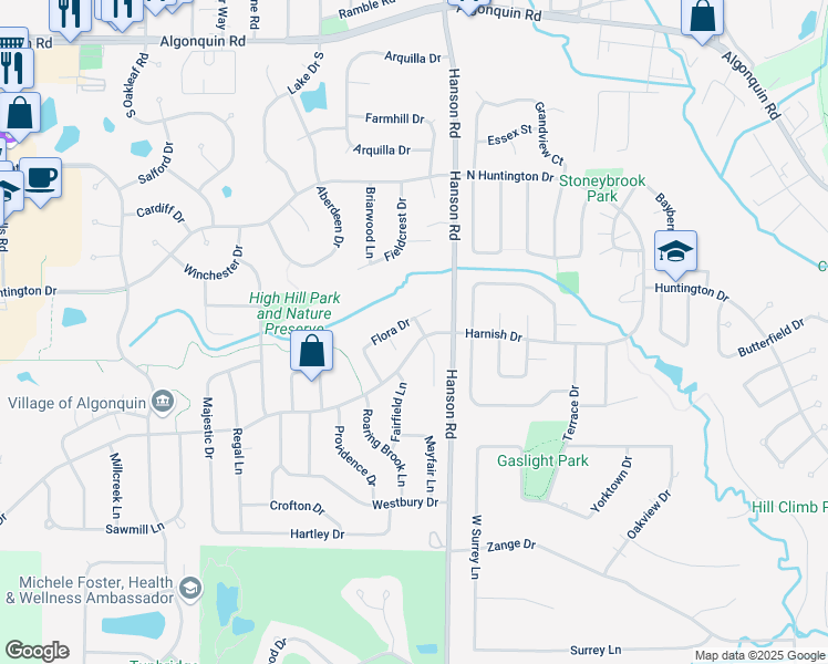 map of restaurants, bars, coffee shops, grocery stores, and more near 440 Flora Drive in Algonquin