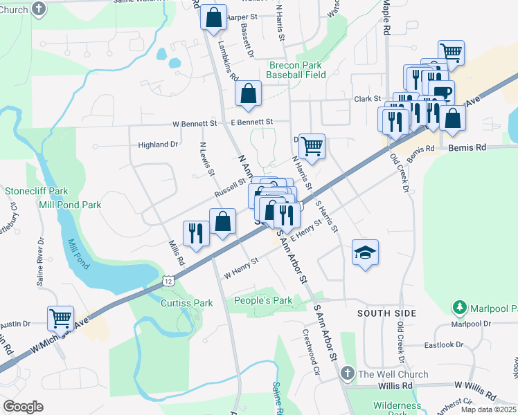 map of restaurants, bars, coffee shops, grocery stores, and more near 113 North Ann Arbor Street in Saline