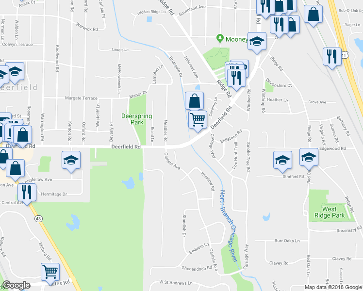 map of restaurants, bars, coffee shops, grocery stores, and more near 18 Deerfield Road in Highland Park