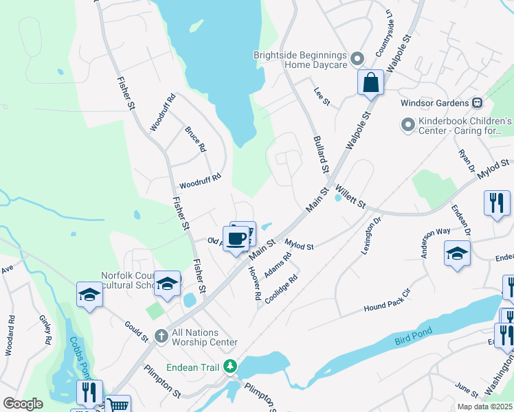 map of restaurants, bars, coffee shops, grocery stores, and more near 23 Village Drive in Walpole