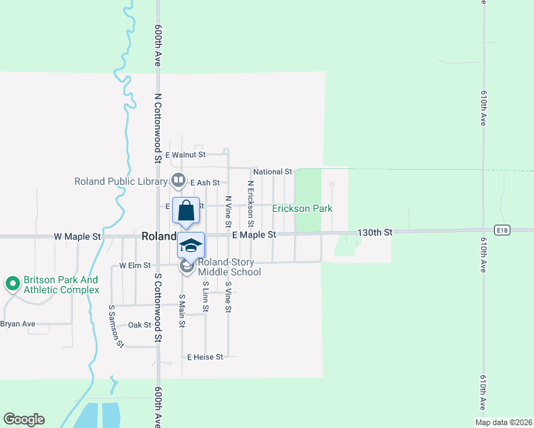 map of restaurants, bars, coffee shops, grocery stores, and more near 601 East Poplar Street in Roland