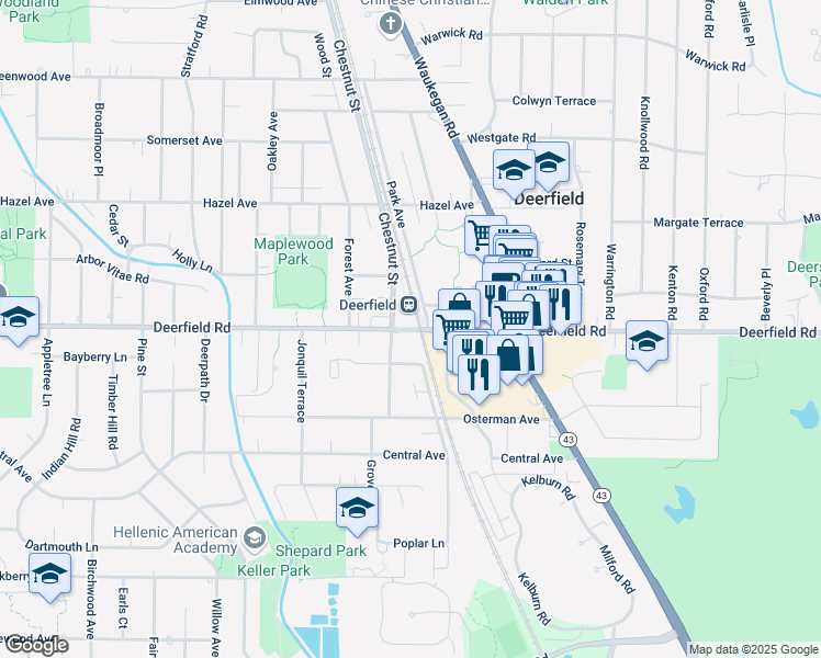 map of restaurants, bars, coffee shops, grocery stores, and more near 860 Deerfield Road in Deerfield