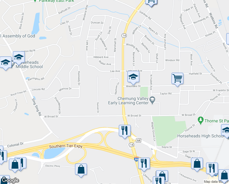 map of restaurants, bars, coffee shops, grocery stores, and more near 137 Matthew Circle in Horseheads