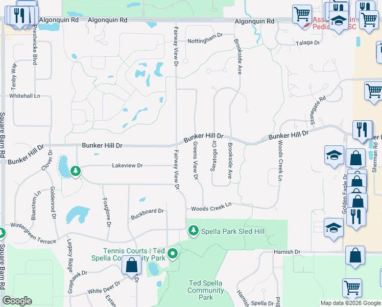 map of restaurants, bars, coffee shops, grocery stores, and more near 522 Greens View Drive in Algonquin