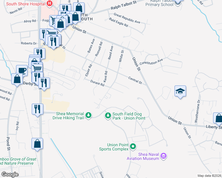 map of restaurants, bars, coffee shops, grocery stores, and more near 11 Durant Road in Weymouth