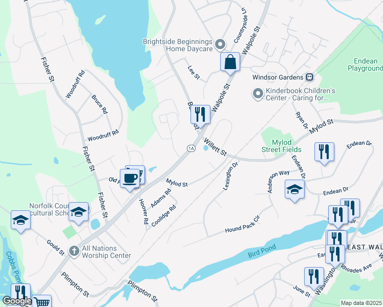 map of restaurants, bars, coffee shops, grocery stores, and more near 153 Main Street in Walpole