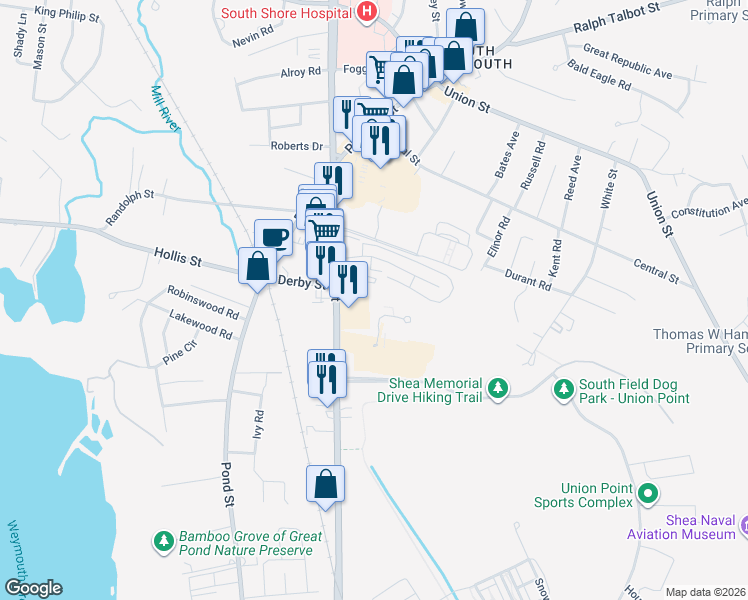 map of restaurants, bars, coffee shops, grocery stores, and more near 65 Fountain Lane in Weymouth