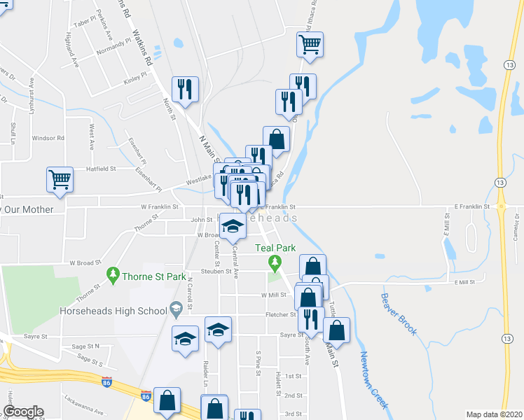 map of restaurants, bars, coffee shops, grocery stores, and more near 101 South Main Street in Horseheads