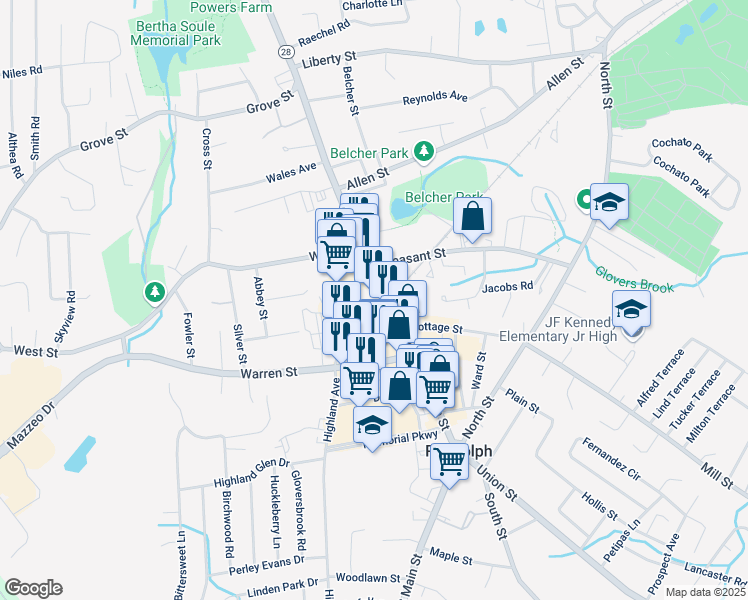 map of restaurants, bars, coffee shops, grocery stores, and more near 307 North Main Street in Randolph