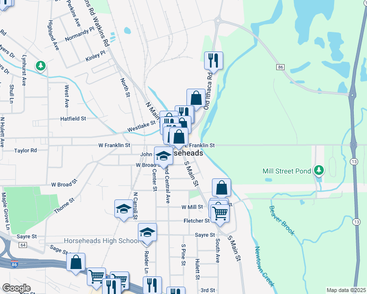 map of restaurants, bars, coffee shops, grocery stores, and more near in Horseheads