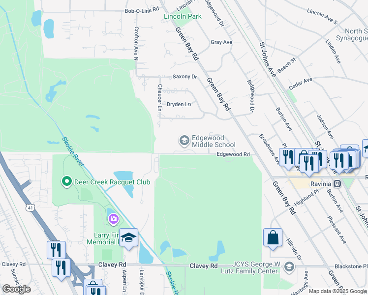 map of restaurants, bars, coffee shops, grocery stores, and more near 929 Edgewood Road in Highland Park
