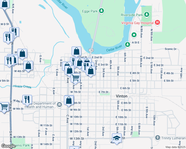 map of restaurants, bars, coffee shops, grocery stores, and more near 4 Th Street in Vinton
