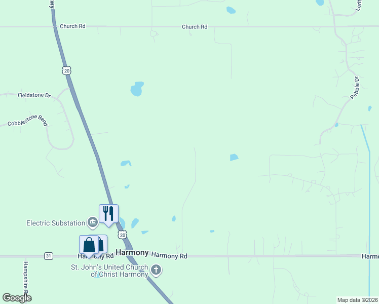 map of restaurants, bars, coffee shops, grocery stores, and more near 16318 Church Road in Huntley