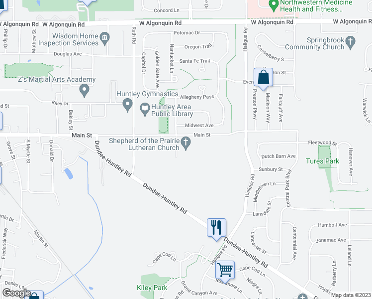 map of restaurants, bars, coffee shops, grocery stores, and more near 10805 Main Street in Huntley