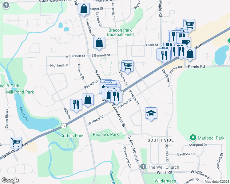 map of restaurants, bars, coffee shops, grocery stores, and more near 143 East Michigan Avenue in Saline