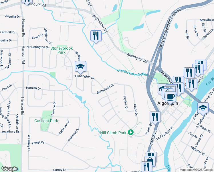 map of restaurants, bars, coffee shops, grocery stores, and more near 645 Clearview Court in Algonquin