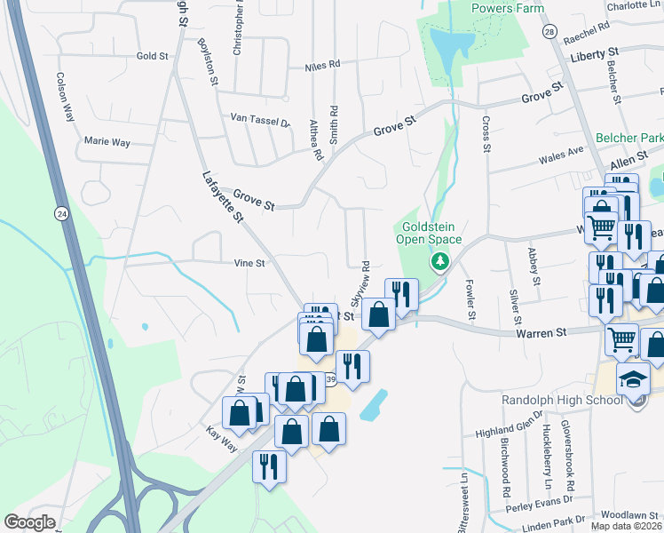 map of restaurants, bars, coffee shops, grocery stores, and more near 20 Lisa Road in Randolph