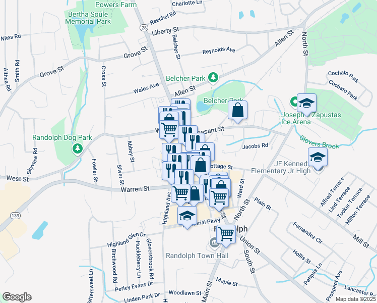 map of restaurants, bars, coffee shops, grocery stores, and more near 326 North Main Street in Randolph