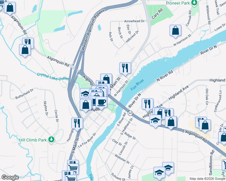 map of restaurants, bars, coffee shops, grocery stores, and more near 44 North Main Street in Algonquin