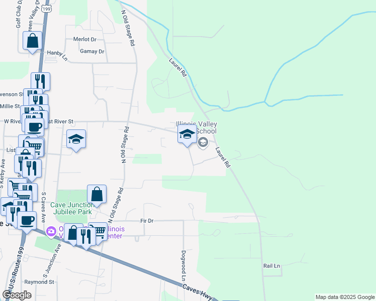 map of restaurants, bars, coffee shops, grocery stores, and more near 625 East River Street in Cave Junction