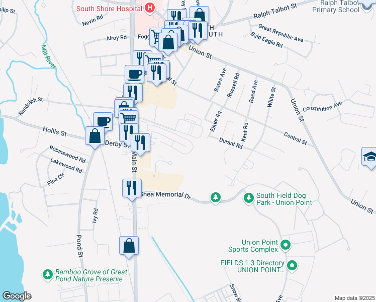 map of restaurants, bars, coffee shops, grocery stores, and more near 100 Fountain Lane in Weymouth