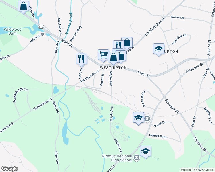 map of restaurants, bars, coffee shops, grocery stores, and more near 12 Maple Avenue in Upton