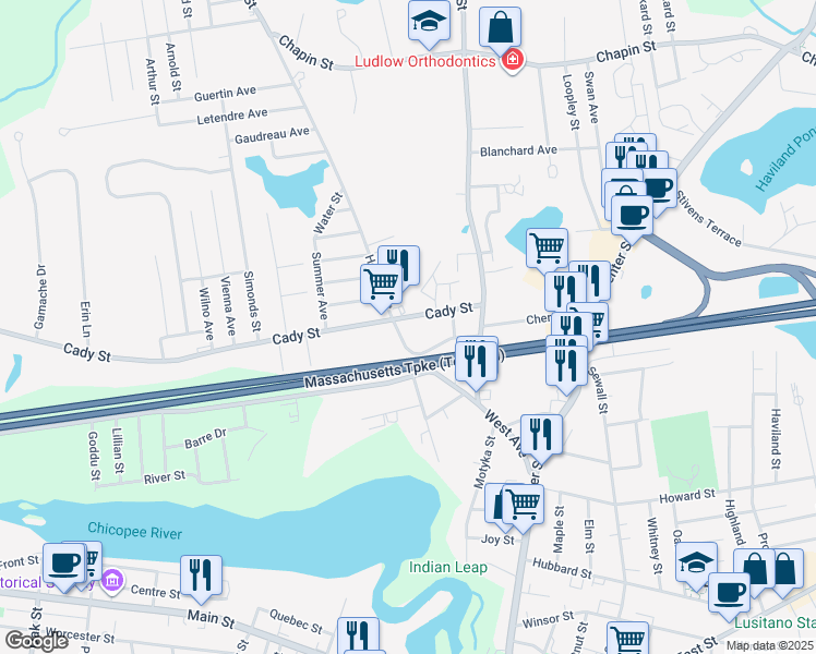 map of restaurants, bars, coffee shops, grocery stores, and more near 202 Holyoke Street in Ludlow
