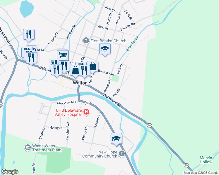 map of restaurants, bars, coffee shops, grocery stores, and more near 17 Griswold Street in Walton