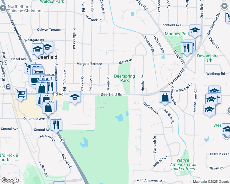 map of restaurants, bars, coffee shops, grocery stores, and more near 825 Beverly Place in Deerfield