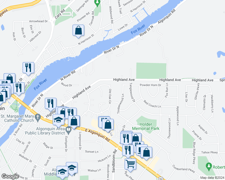map of restaurants, bars, coffee shops, grocery stores, and more near 625 Old Oak Circle in Algonquin
