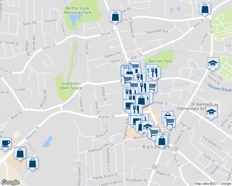map of restaurants, bars, coffee shops, grocery stores, and more near 15 Corcoran Street in Randolph