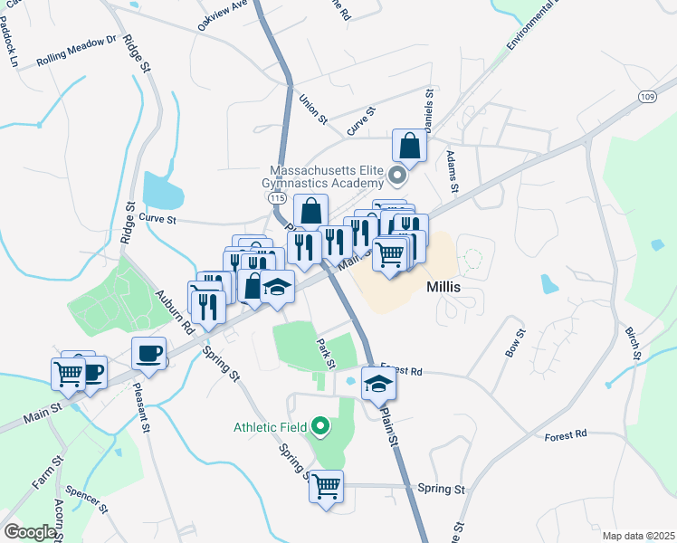 map of restaurants, bars, coffee shops, grocery stores, and more near 825 Main Street in Millis