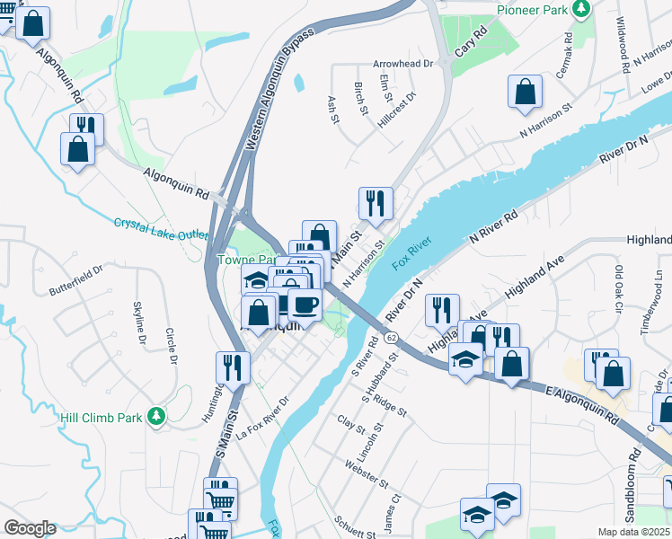 map of restaurants, bars, coffee shops, grocery stores, and more near 1 North Main Street in Algonquin