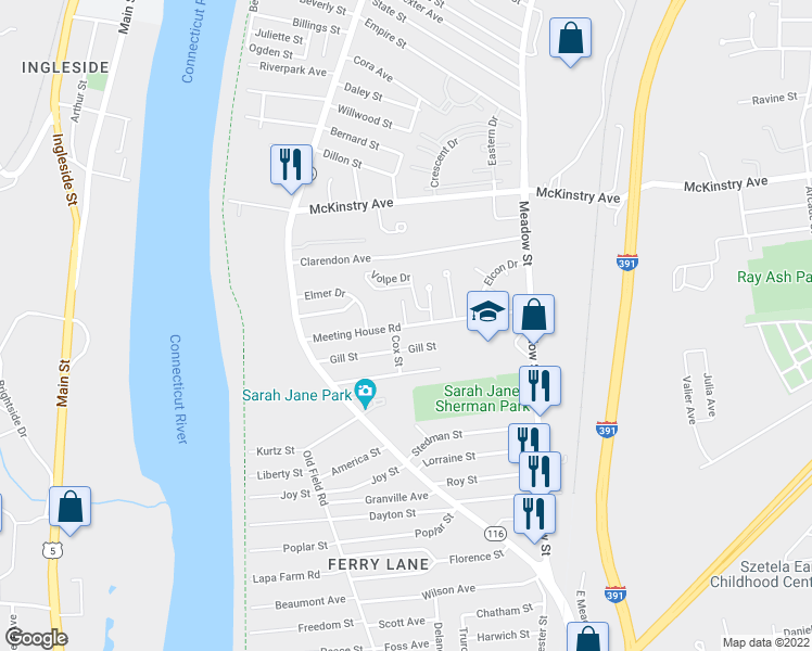 map of restaurants, bars, coffee shops, grocery stores, and more near Meeting House Road in Chicopee