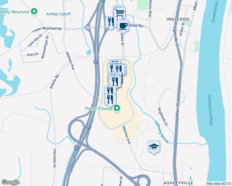 map of restaurants, bars, coffee shops, grocery stores, and more near 50 Holyoke Street in Holyoke