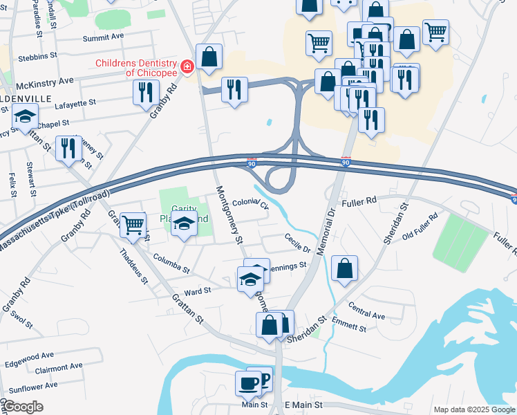 map of restaurants, bars, coffee shops, grocery stores, and more near 99 Colonial Circle in Chicopee