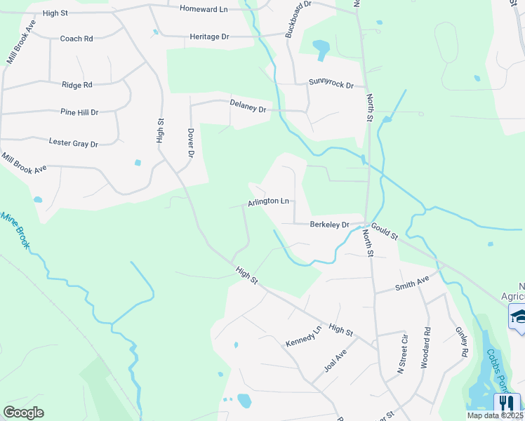 map of restaurants, bars, coffee shops, grocery stores, and more near 8 Arlington Lane in Walpole