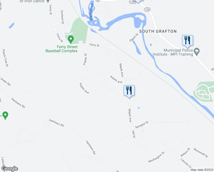 map of restaurants, bars, coffee shops, grocery stores, and more near 17 Lilac Lane in Grafton