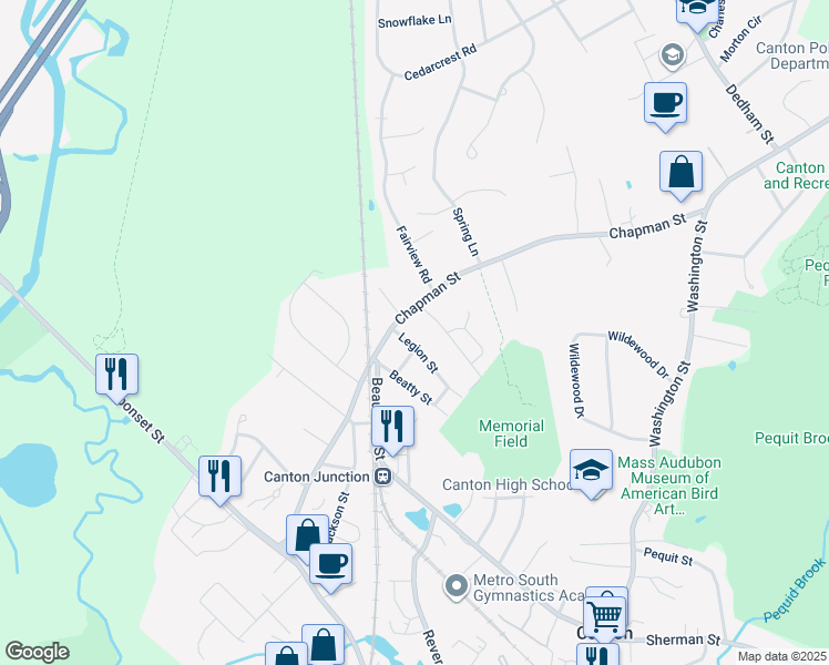 map of restaurants, bars, coffee shops, grocery stores, and more near 360 Chapman Street in Canton