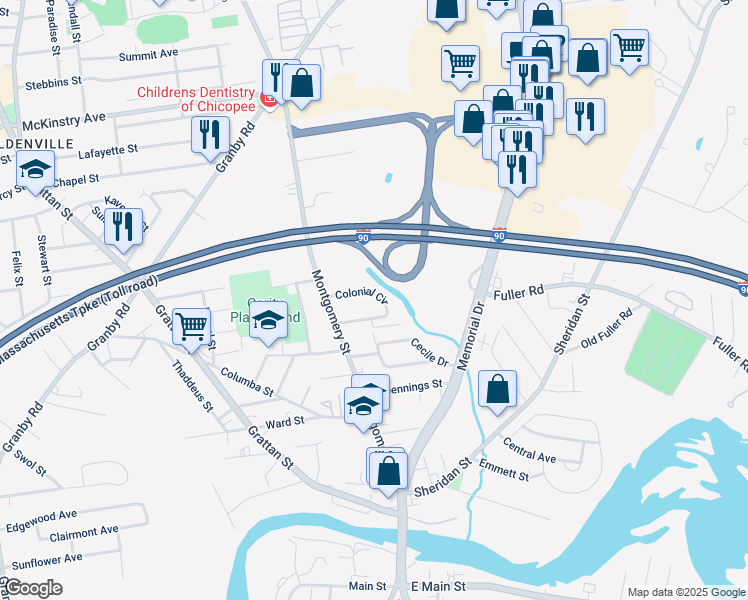 map of restaurants, bars, coffee shops, grocery stores, and more near 99 Colonial Circle in Chicopee